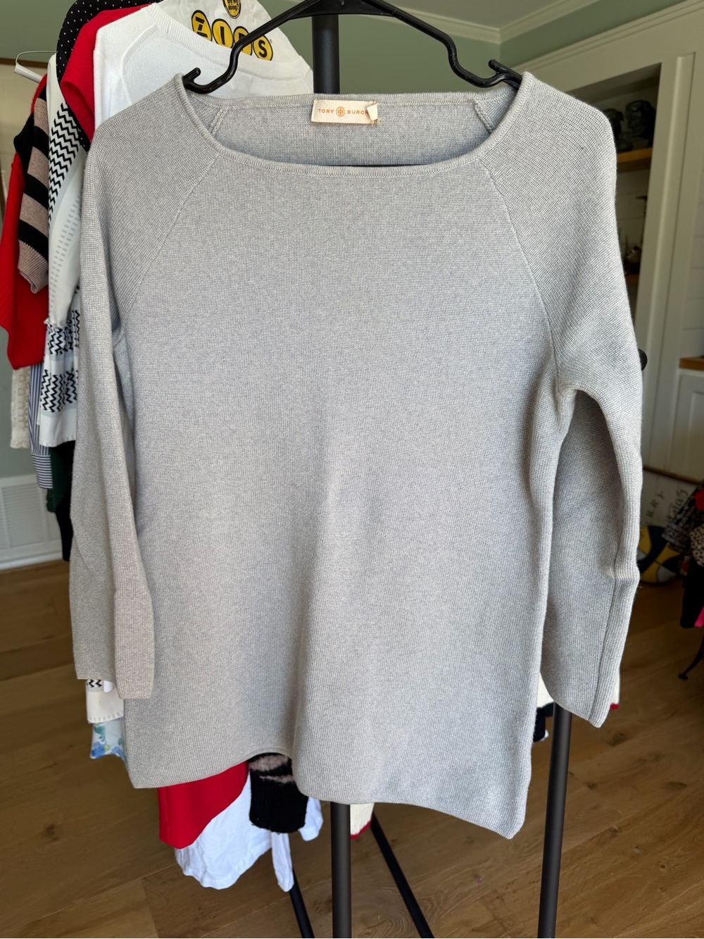 Tory Burch Heather Light Gray Crewneck Knit Sweater, 100% merino wool